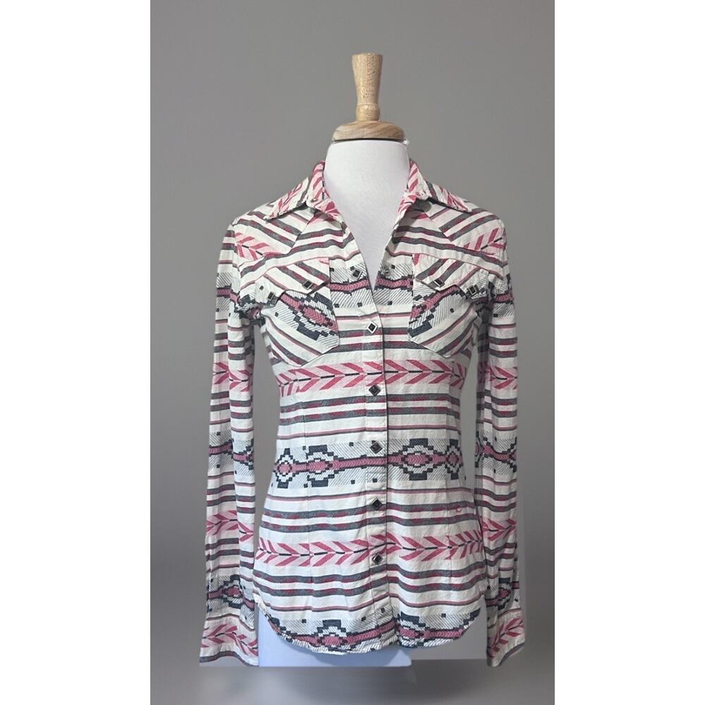 RESISTOL Women's Small Red White Blue Western Diamond Snap Shirt Long Sleeve